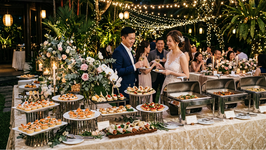 A wedding reception buffet table outdoors at dusk, decorated with warm string lights, flowers, and catering stations with plated appetizers and chafing dishes. Guests are serving themselves, including a bride in a white gown and a groom in a navy suit.